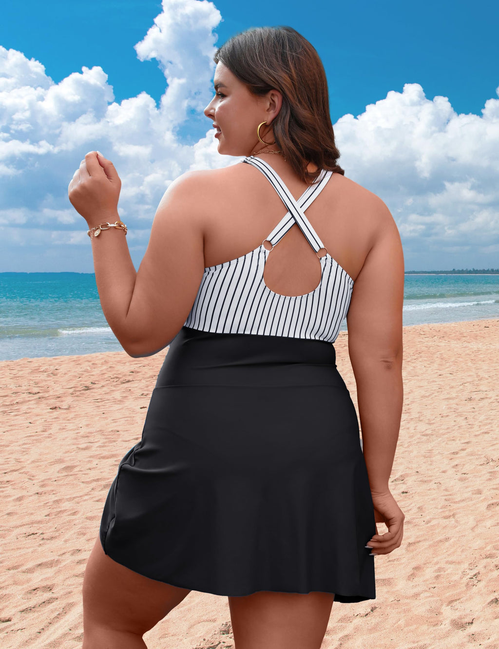 Blooming Jelly Women Plus-Size Swimdress One-Piece - Striped Black