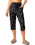 Viodia 18'' Women's Swim Capris Pants Quick Dry with Pockets Black Flower L