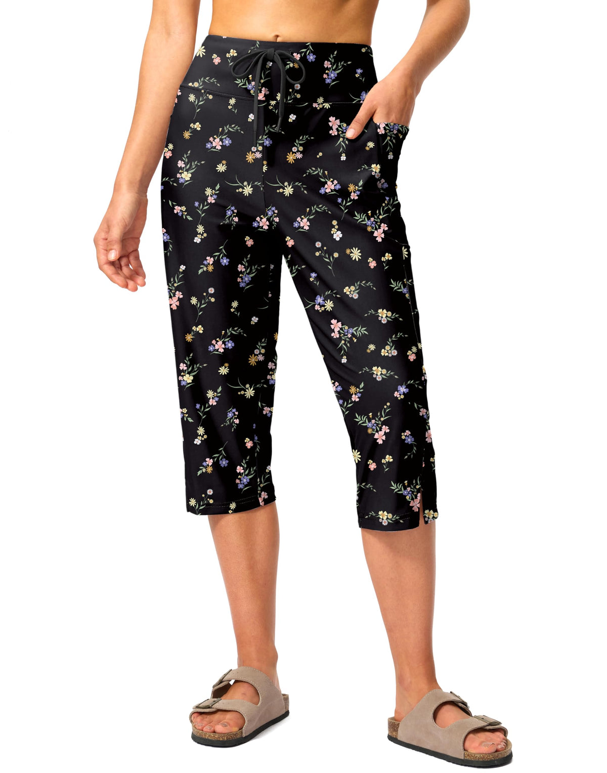 Viodia 18'' Women's Swim Capris Pants Quick Dry with Pockets Black Flower L