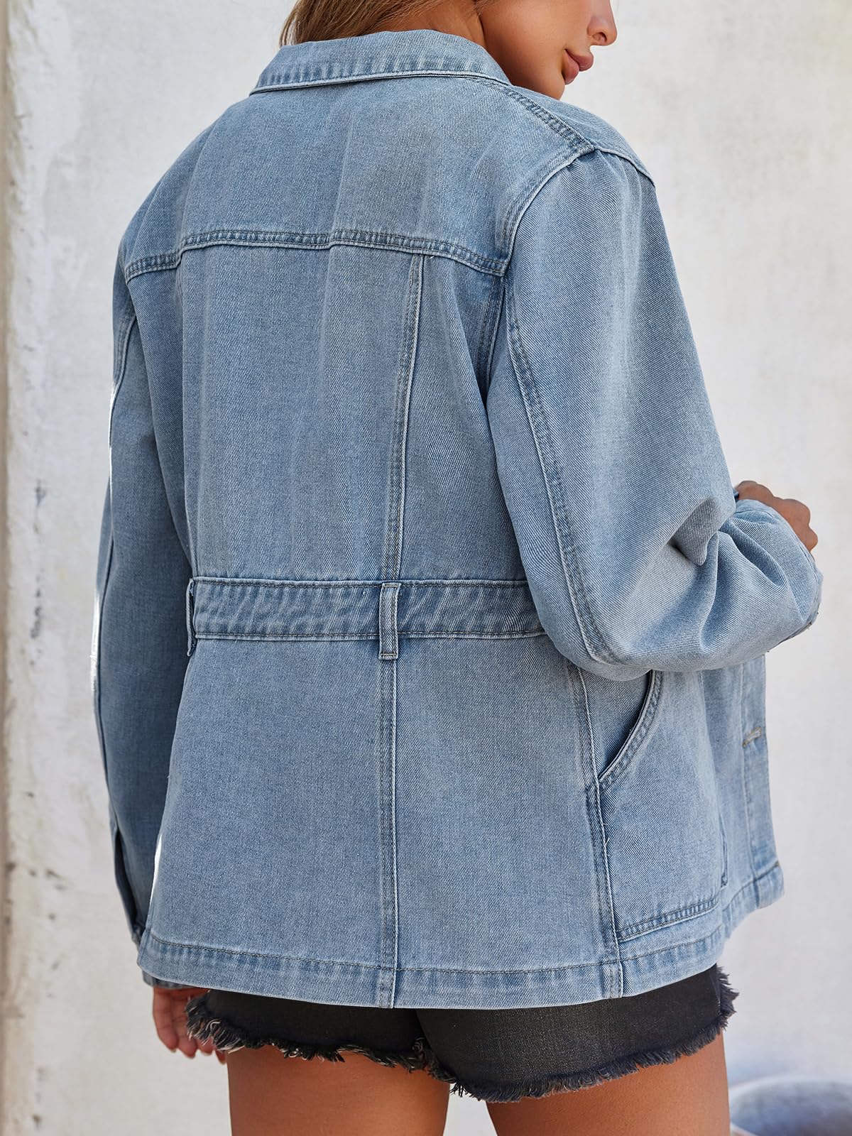 Tankaneo Womens Denim Jacket Distressed Jean Oversized Shacket - Baby Blue