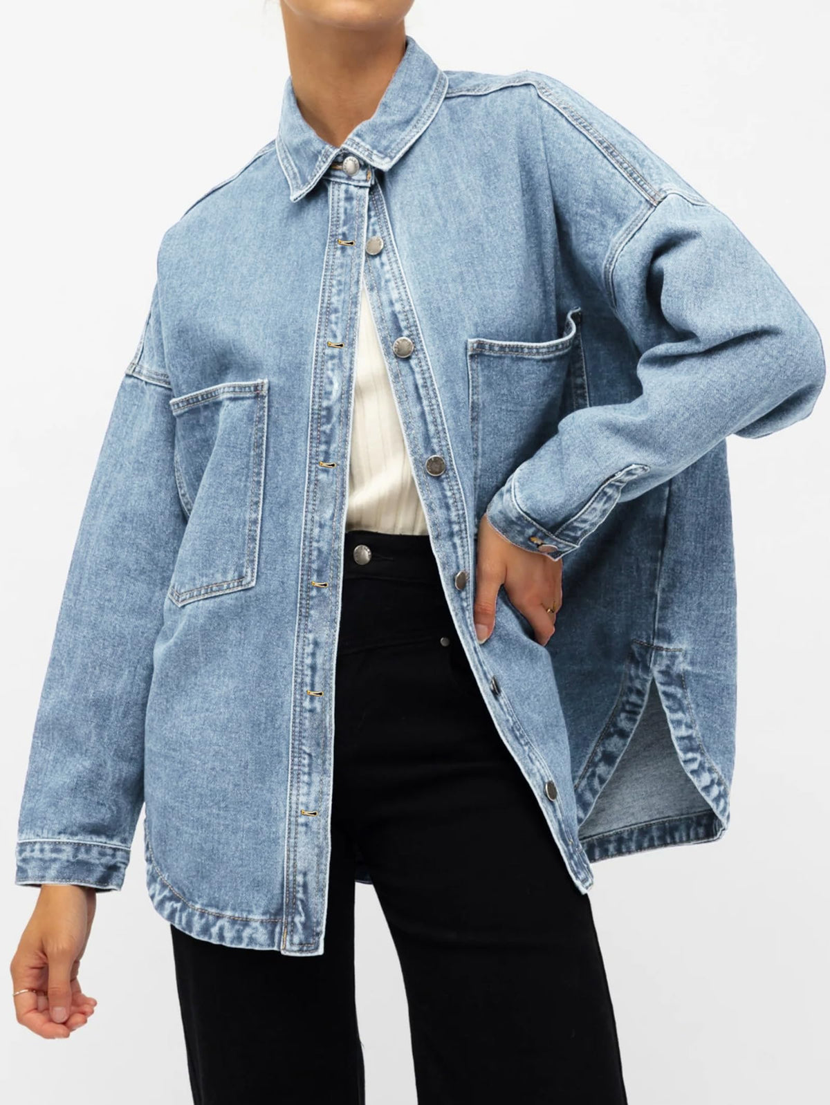 Emmiol Women Denim Shirts Oversized Long Sleeve Button Down Blouse Distresse Jean Jacket Fall Outfits 2026 Blue,m
