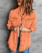 Vetinee Women's Fashion Oversized Boyfriend Orange Front Button Up Jacket Denim