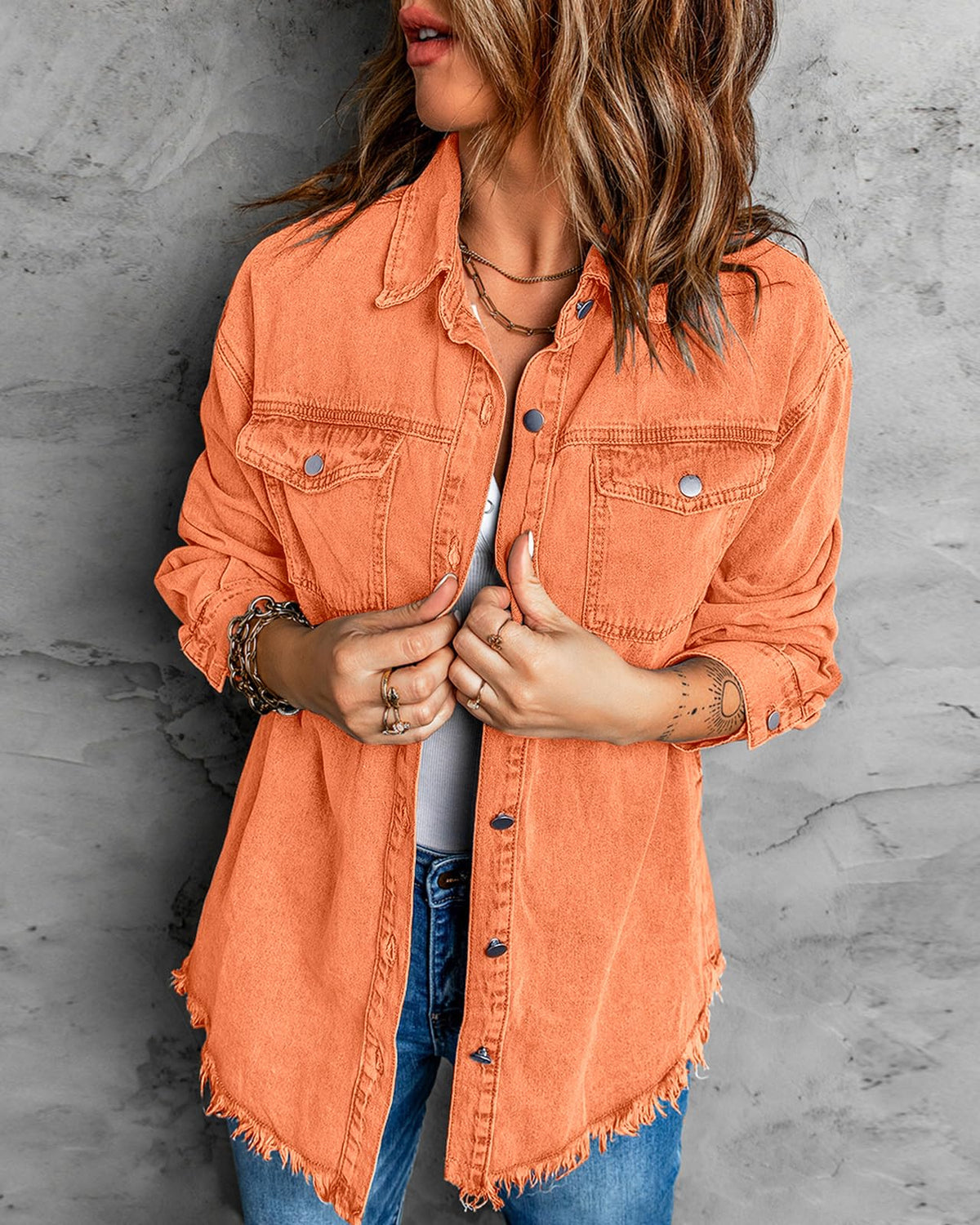 Vetinee Jean Jacket Women Oversized Boyfriend Orange Front Button Up