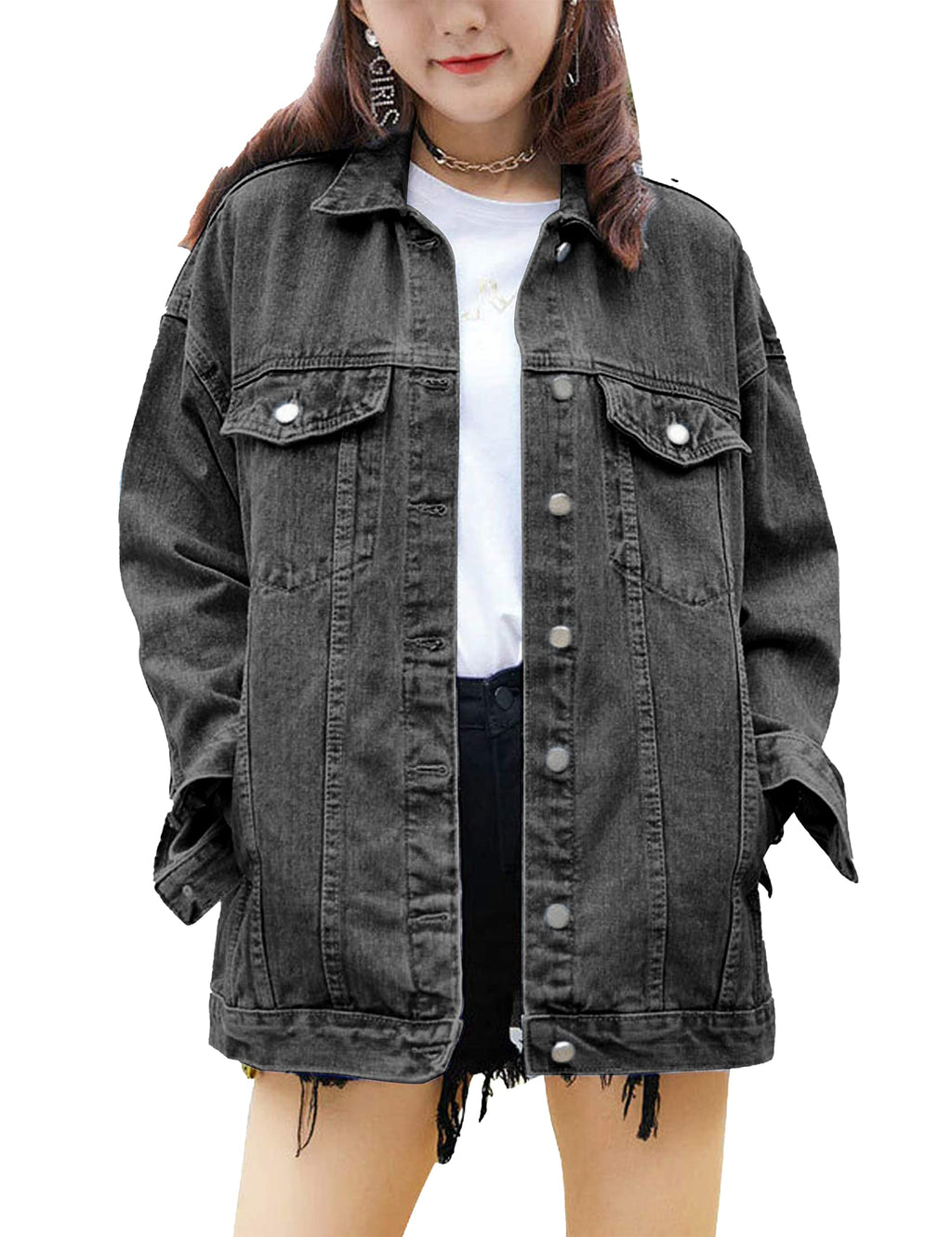 Omoone Women's Oversized Mid Long Denim Jacket Jean Biker Coat(0199-grey-xs)