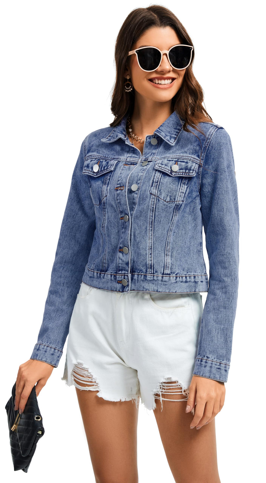 Andy & Natalie Women's Denim Jacket Trendy Long Sleeve Basic Button Down Crop Jean Shacket Jackets Light Blue-2 X-small