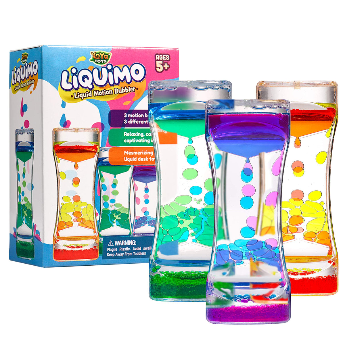 YoYa Toys Liquimo - Liquid Motion Bubbler - 3 Pack - Sensory Fidget Desk Toy for Kids & Adults - Relaxing Hourglass Timer Tubes - Calming Visual Play for School, Home, Office, Stress Relief and Focus