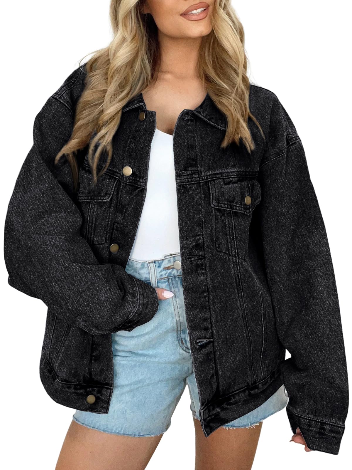 Automet Women's Button Down Oversized Jeans Jacket With Pockets - Black