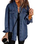 Vetinee Women's Denim Jackets Bay Blue Front Button Up Frayed Raw Hem
