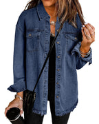 Vetinee Women's Fashion Oversized Boyfriend Bay Blue Front Button Up Frayed Raw Hem Long Sleeve Pockets Denim Jean Jacket Shacket Xx-large