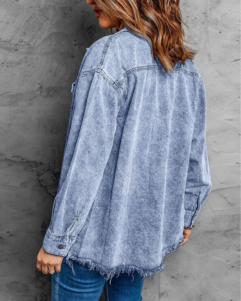 Vetinee Women's Womens Jacket Oversized Boyfriend Roadnight Blue Front Button Up Frayed Raw Hem Long Sleeve Pockets Denim Jean Shacket
