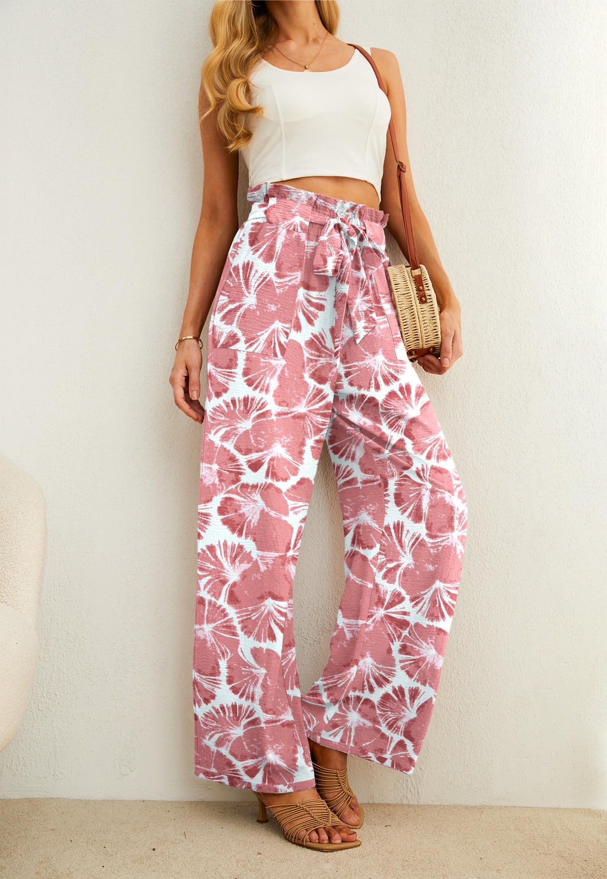 Iwollence Women Casual Palazzo Pants High-Waist Adjustable Knot Flowy