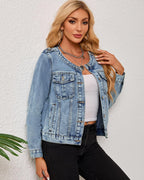 Kedera Women's Denim Jacket Button Down Round Neck Long Sleeve Washed Cute Jean Jackets - Light Blue
