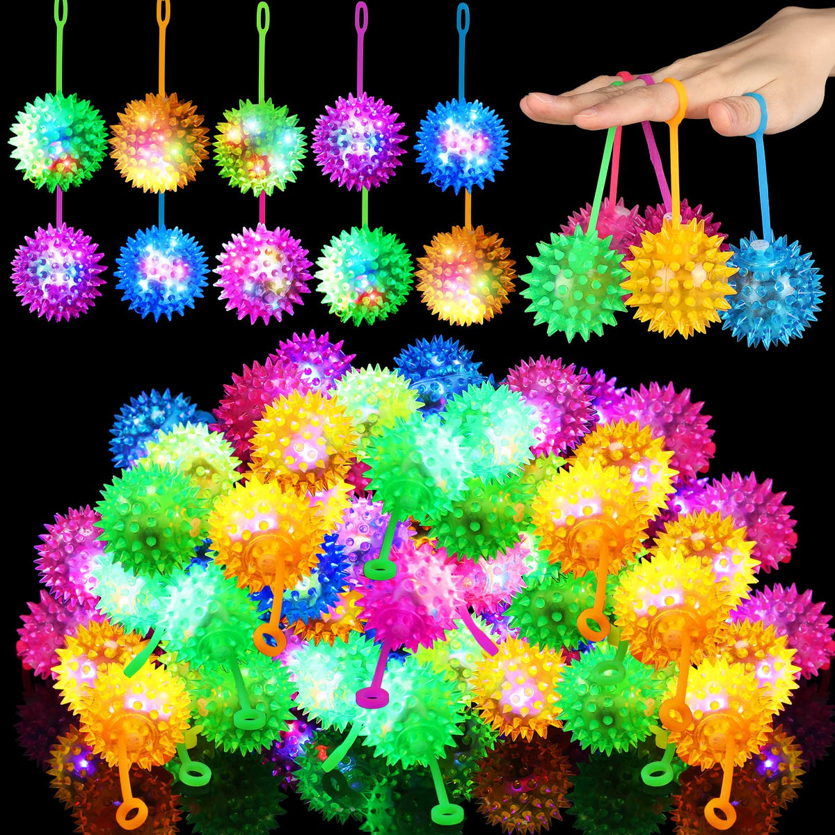 Sotiff 100 Pcs Light up Ball Spiky LED Bouncy Ball Flashing Squeaky Multicolor Puffer Toy Rubber Sensory Toy Carnival Prizes Bulk Party Favors for Teens, Adults, Children