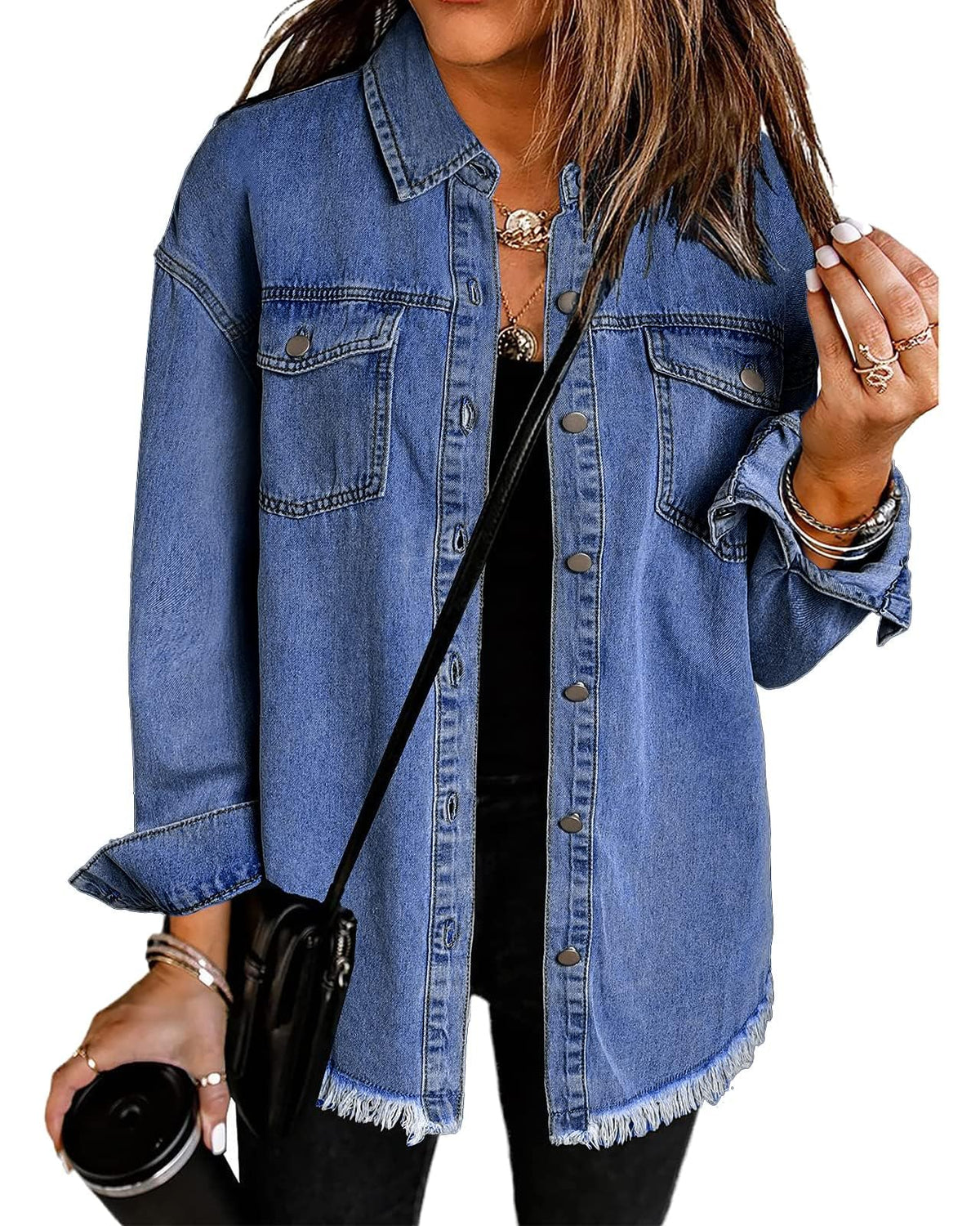 Vetinee Women's Womens Clothes Oversized Boyfriend Nightfall Blue Front Button Up Frayed Raw Hem Long Sleeve Pockets Denim Jean Jacket