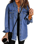 Vetinee Women's Lightweight Jacket Women Oversized Boyfriend Nightfall Blue Front Button Up Frayed Raw Hem Long Sleeve Pockets Denim Jean