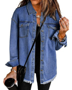 Vetinee Women's Womens Spring Fashion Oversized Boyfriend Nightfall Blue Front Button Up Frayed Raw Hem Long Sleeve Pockets Denim Jean