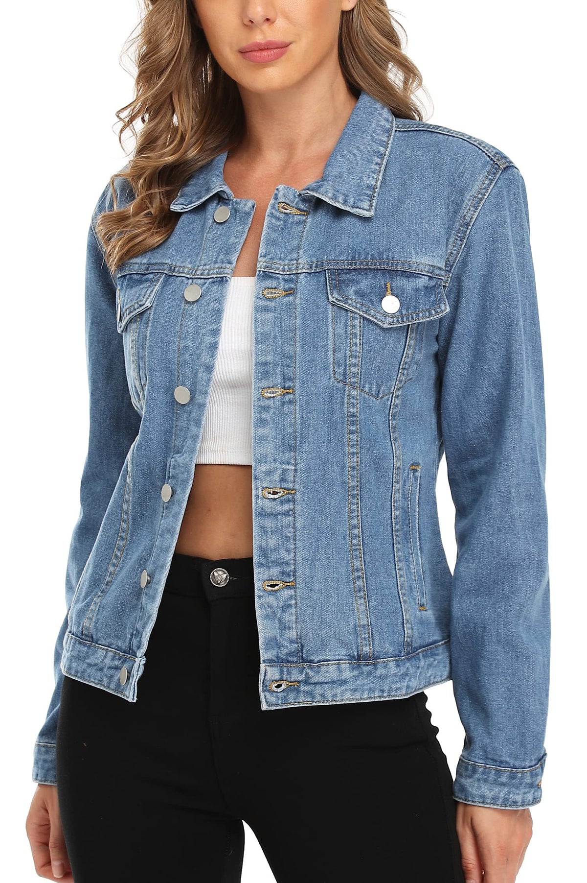 Miss Moly Women's Denim Jacket Classic Button Up Jean Mid Blue L - 1