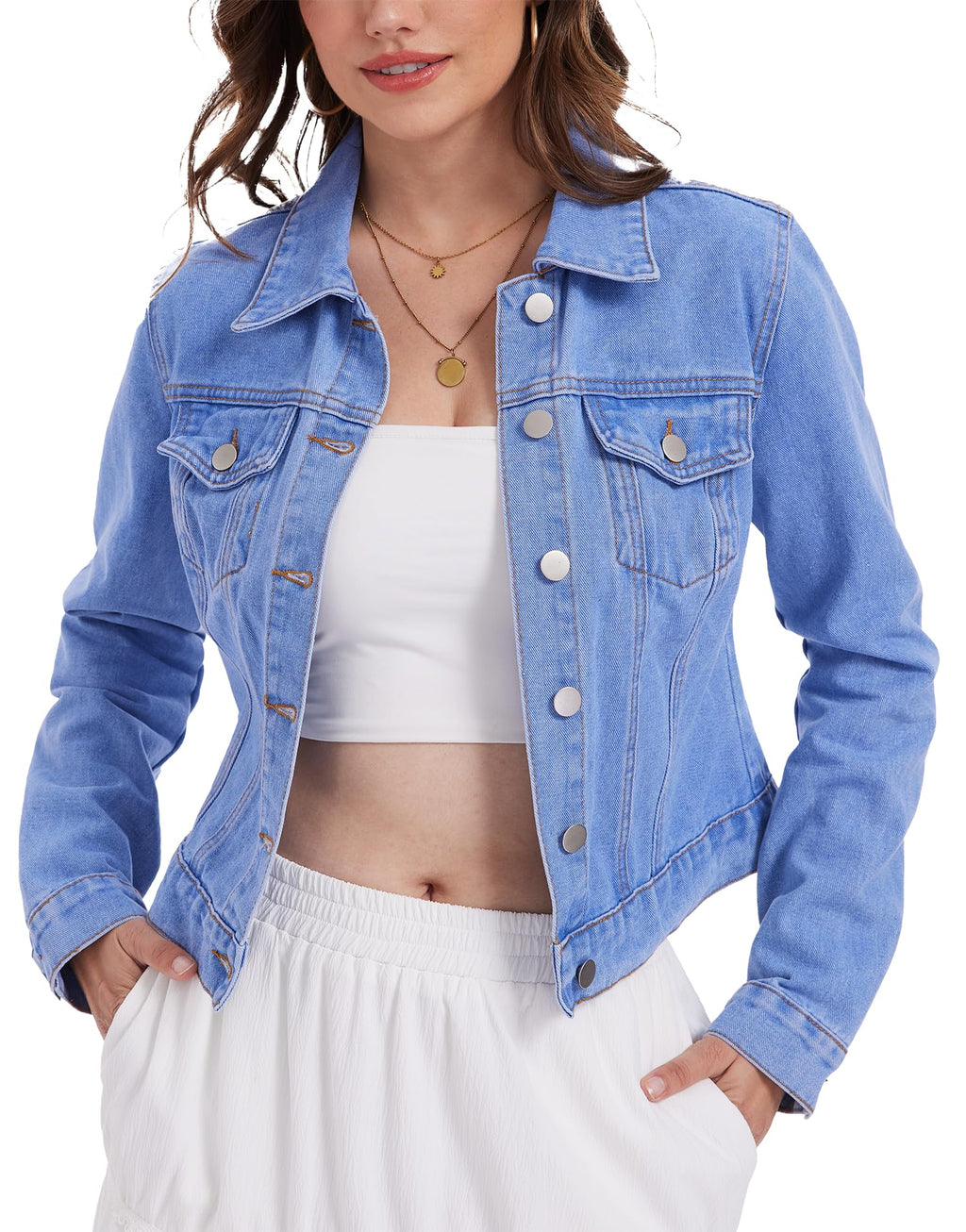 Andy & Natalie Women's Denim Jackets Trendy Long Sleeve Basic Button Down Crop Jean Cornflower Blue Xx-large