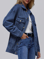 Automet Women's Button Down Oversized Jeans Jacket With Pockets - Dark Blue