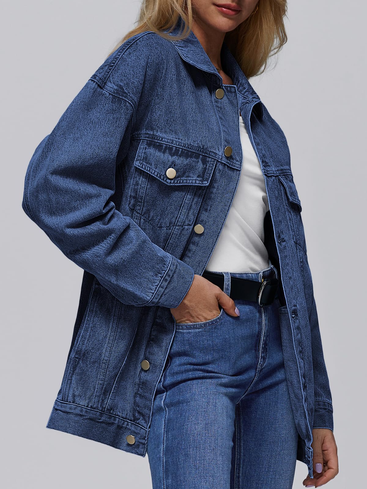 Automet Women's Button Down Oversized Jeans Jacket With Pockets - Dark Blue