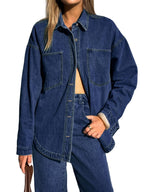 Emmiol Women Denim Shirts Oversized Long Sleeve Button Down Blouse Distresse Jean Jacket Fall Outfits 2026 Deep Blue,xs