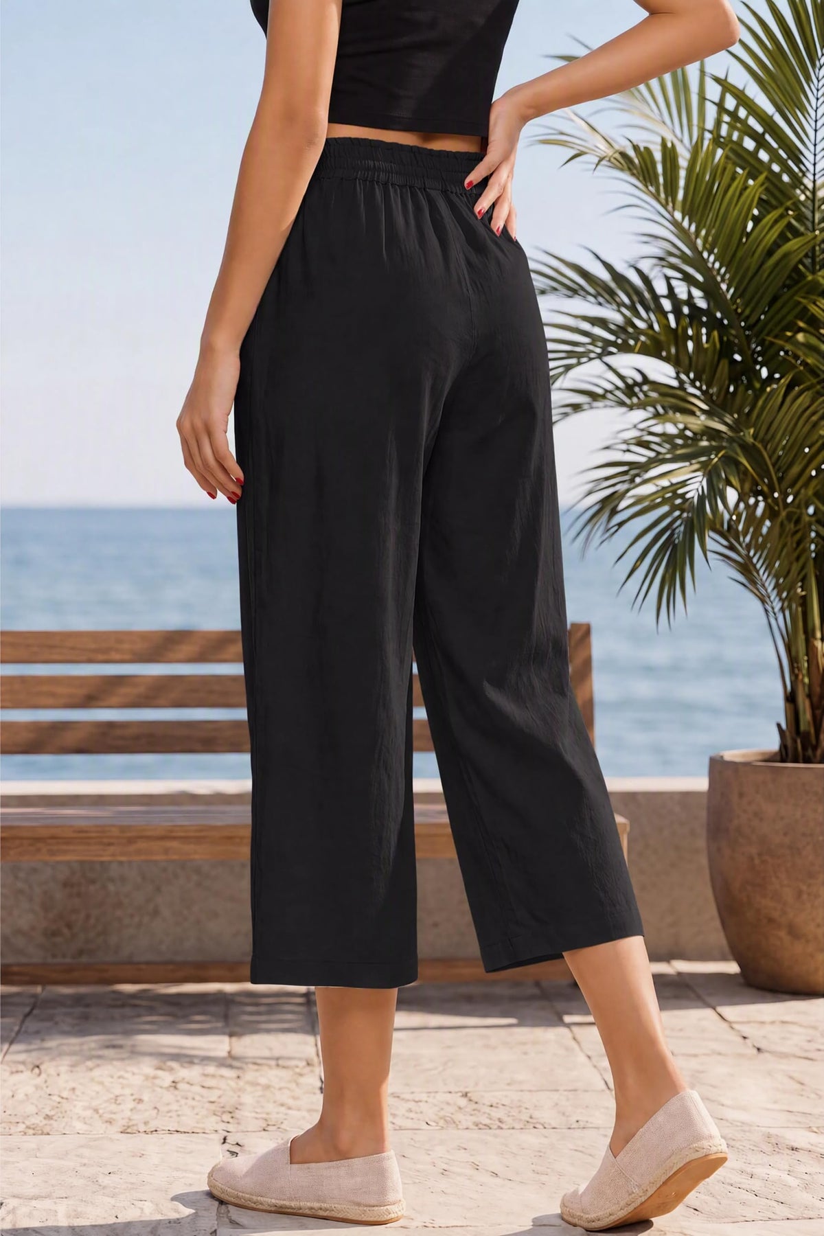 Lnx Women's Linen Pants Wide-Leg High-Waisted Capri With Pockets
