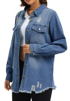 Bosmeer Women's Denim Jacket Boyfriend Washed Distressed Long Sleeve Shirts For Women Frayed Hem Jean Jackt Coat Country Concert Outfits -