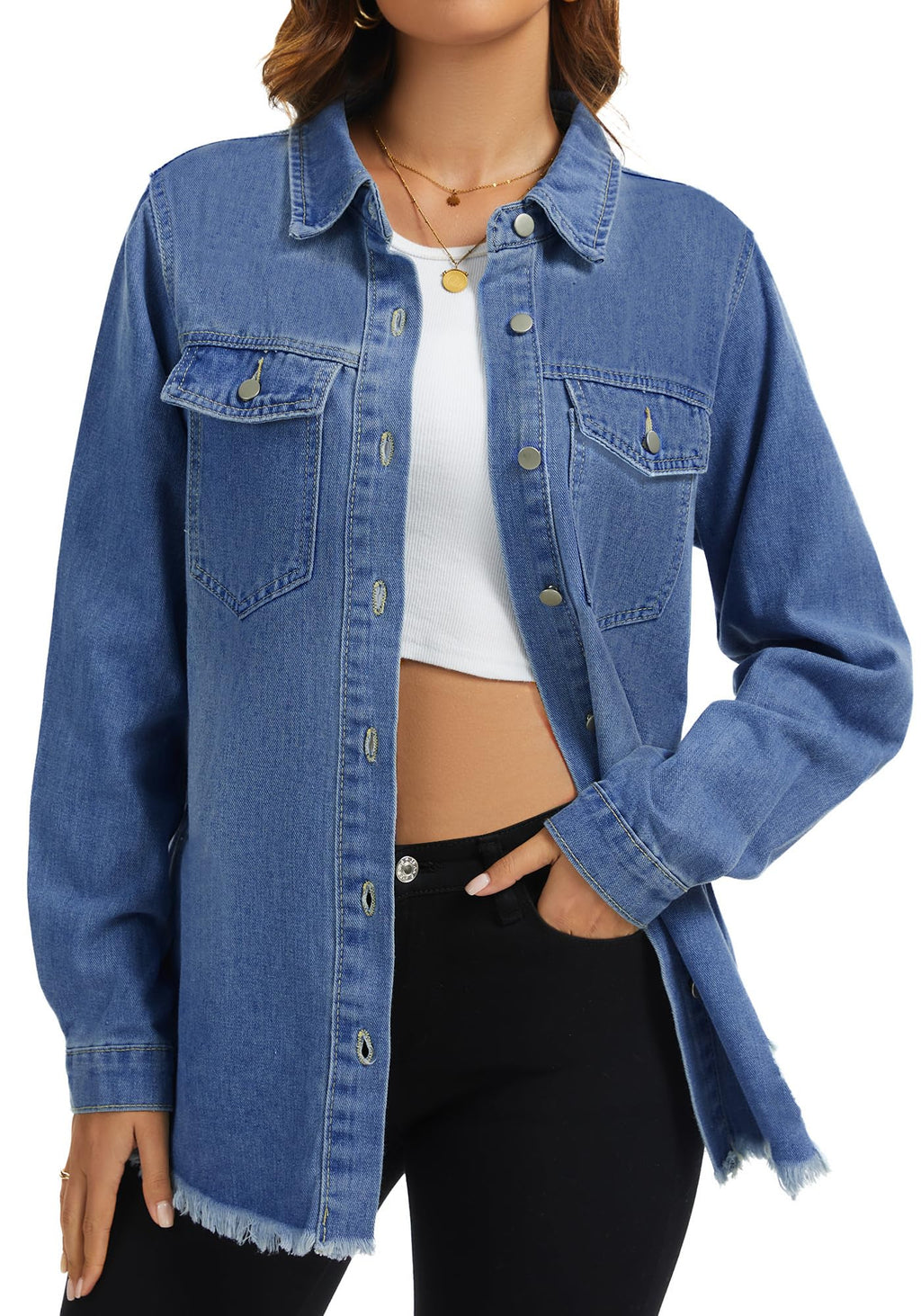 Bosmeer Denim Shirt Women Classic Long Sleeve Jean Jacket Loose Button Down Distressed Frayed Hem Coat Light Jackets For Casual - Nightfall
