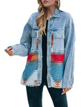 Women's Lumister Aztec Denim Jacket Distressed Lapel Long Sleeve Vintage Button Down Shacket(0007-blue-xxl) - Multicolor