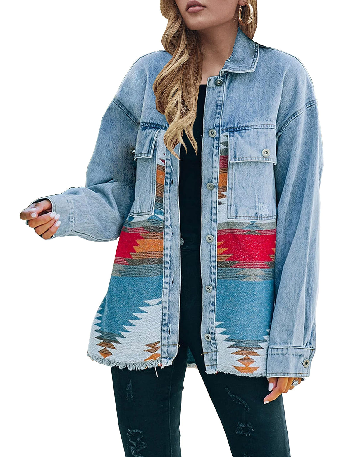 Women's Lumister Aztec Denim Jacket Distressed Lapel Long Sleeve Vintage Button Down Shacket(0007-blue-xxl) - Multicolor