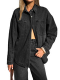 Emmiol Women Denim Shirts Oversized Long Sleeve Button Down Blouse Distresse Jean Jacket Fall Outfits 2026 Black,m