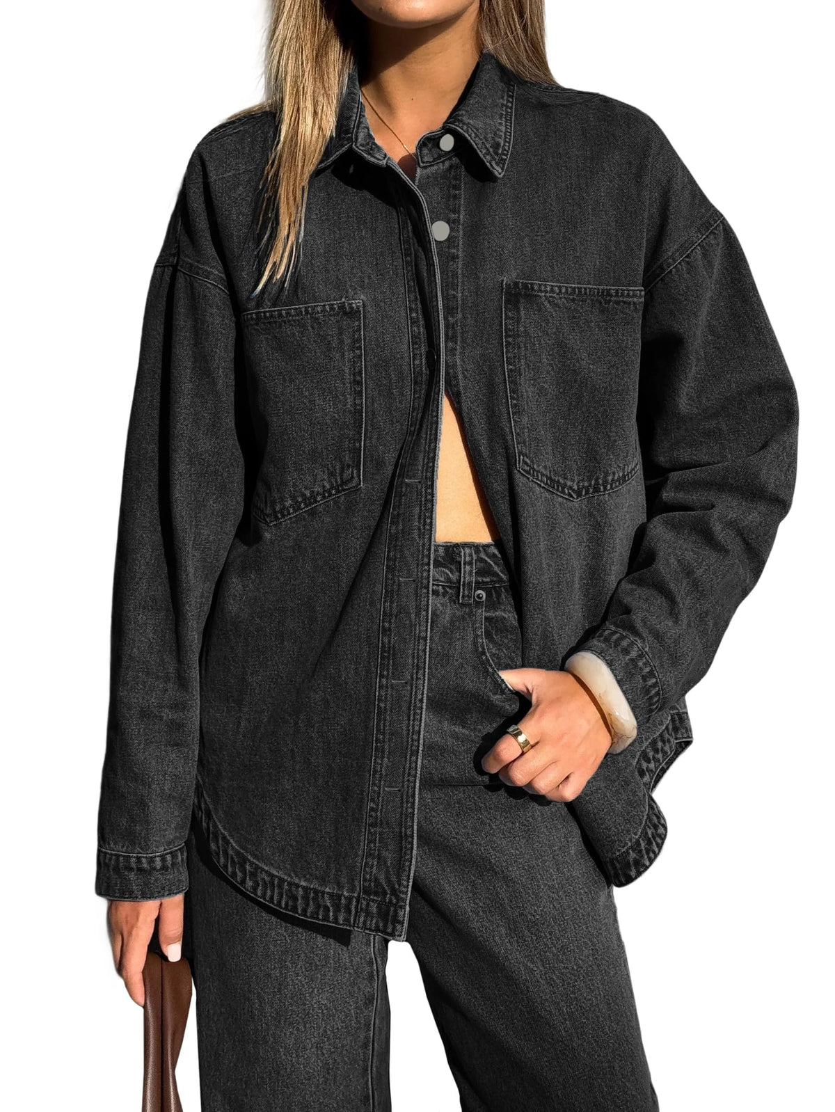 Emmiol Women Denim Shirts Oversized Long Sleeve Button Down Blouse Distresse Jean Jacket Fall Outfits 2026 Black,m
