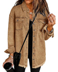 Vetinee Women's Western Jackets For Women Oversized Boyfriend Almond Brown Front Button Up Frayed Raw Hem Long Sleeve Pockets Denim Jean