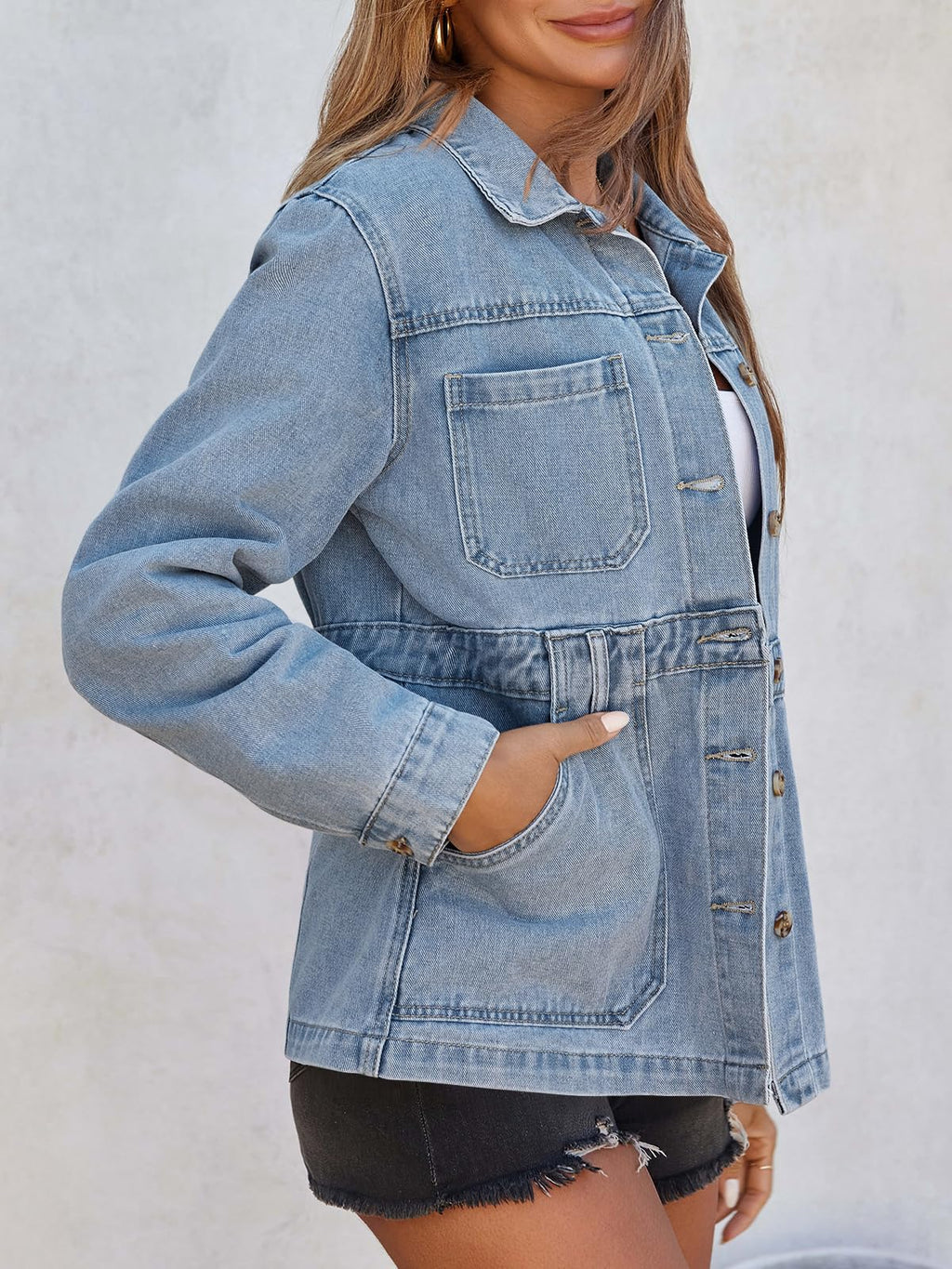 Tankaneo Womens Denim Jacket Distressed Jean Oversized Shacket - Baby Blue