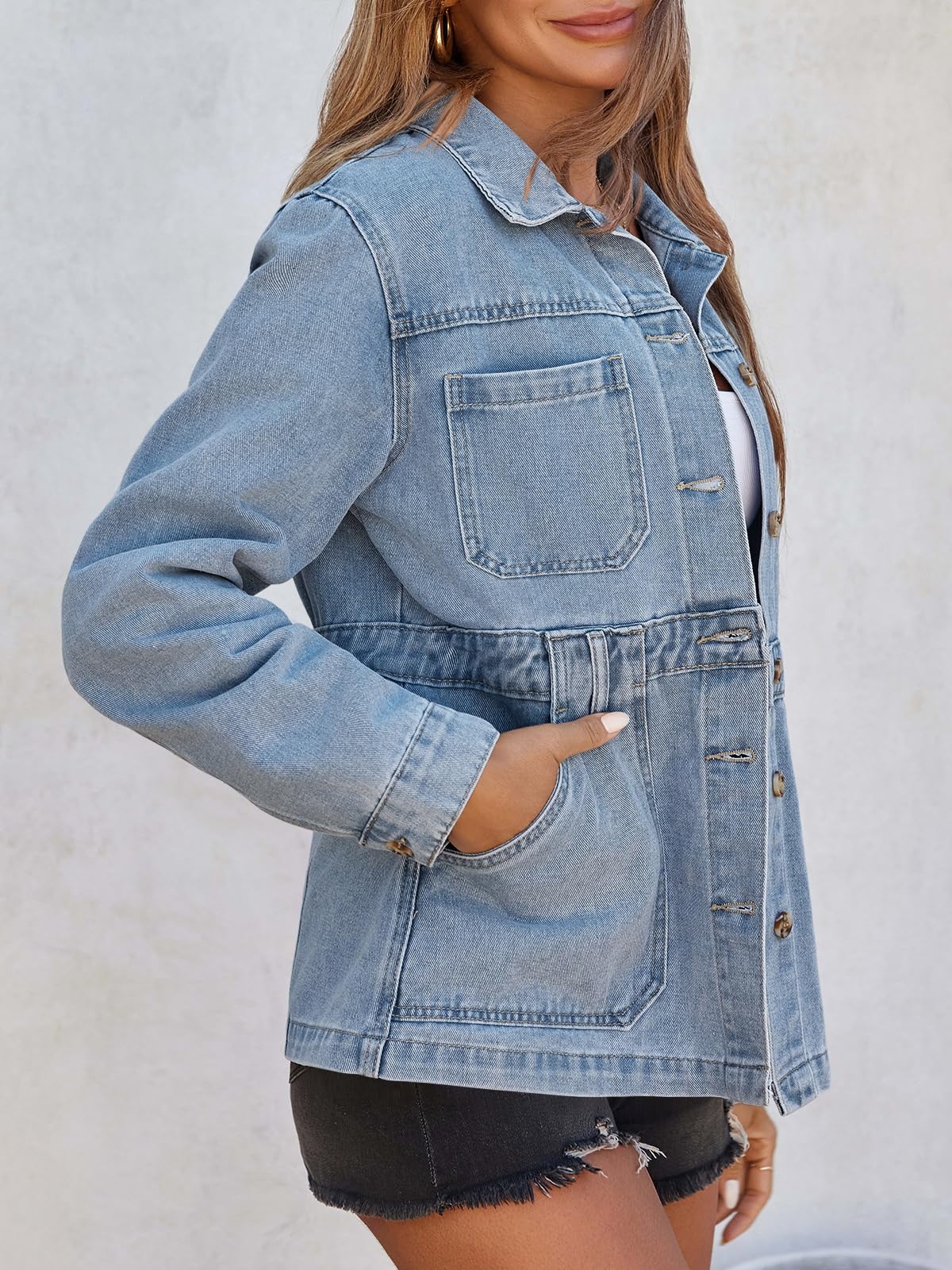 Tankaneo Womens Denim Jacket Distressed Jean Oversized Shacket - Baby Blue