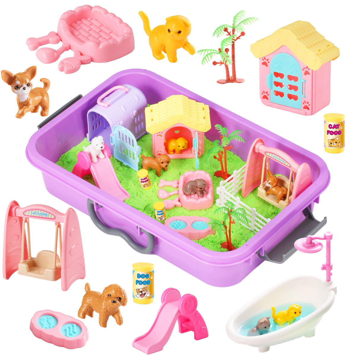 Carolart Pet Sensory bin,Dog and Cat Sandbox for Kids,Kids Play Sand Kit,Pet Play Set with Sensory Sand,Pet Care Play Set,Role Pretend Play Beach Toy Birthday Gift for Girls Boys 3 4 5 6 Years Old