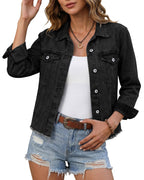 Luvamia Distressed Black Denim Jacket For Women - Lightweight Fall Short Jean Top, Shacket - Graphite Size Medium Fits 8-10
