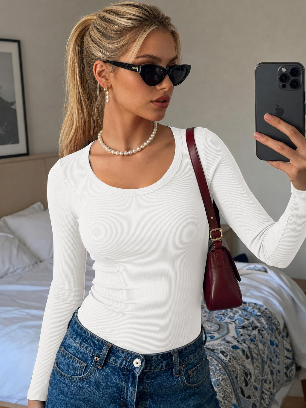 Ekouaer 3 Packs Womens Long Sleeve Shirts Scoop Neck Ribbed Tops