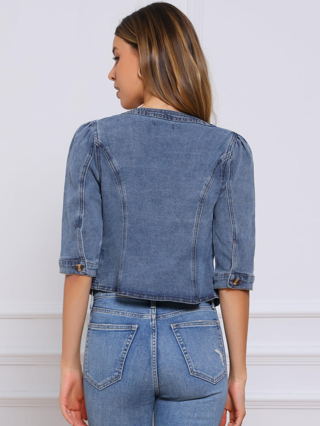 Allegra K Women's Denim Cardigan 3/4 Sleeve Collarless Jean Jackets - Gray Blue