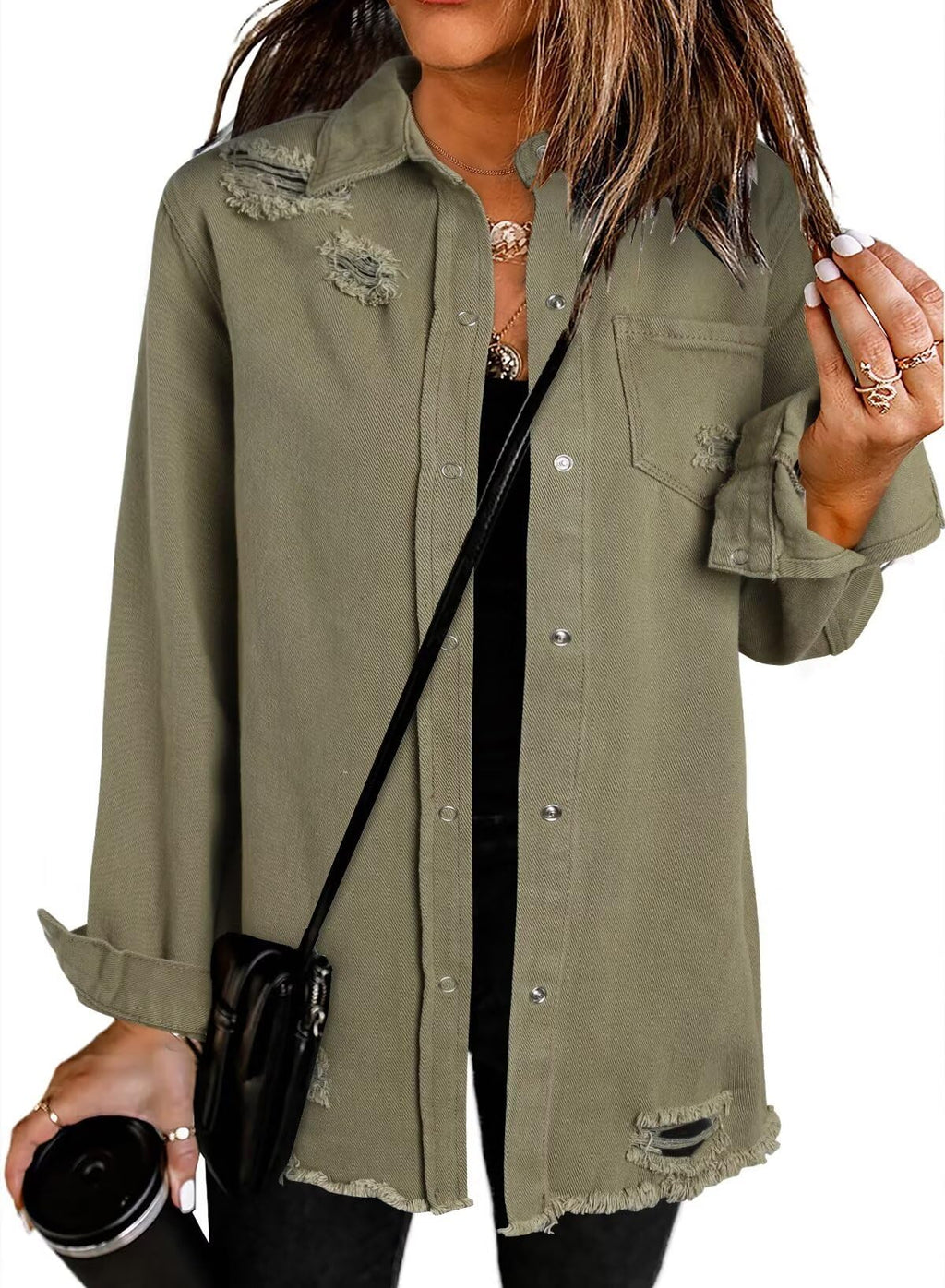 Dokotoo Womens Long Sleeve Button Down Oversized Jean Denim Jacket Khaki L - A1