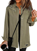 Dokotoo Womens Long Sleeve Button Down Oversized Jean Denim Jacket Khaki L - A1