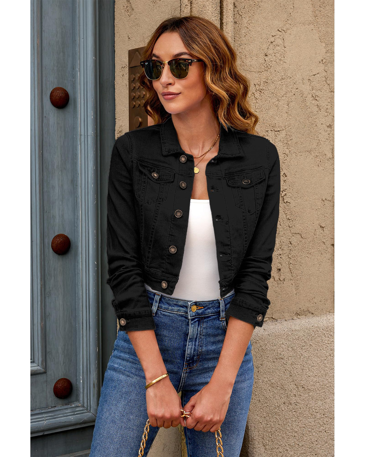 Luvamia Women's Fashion Long Sleeve Button-down Stretchy Denim Jean Jacket - Lightweight, True Black, Xx-large (fits Size 20 / 22)