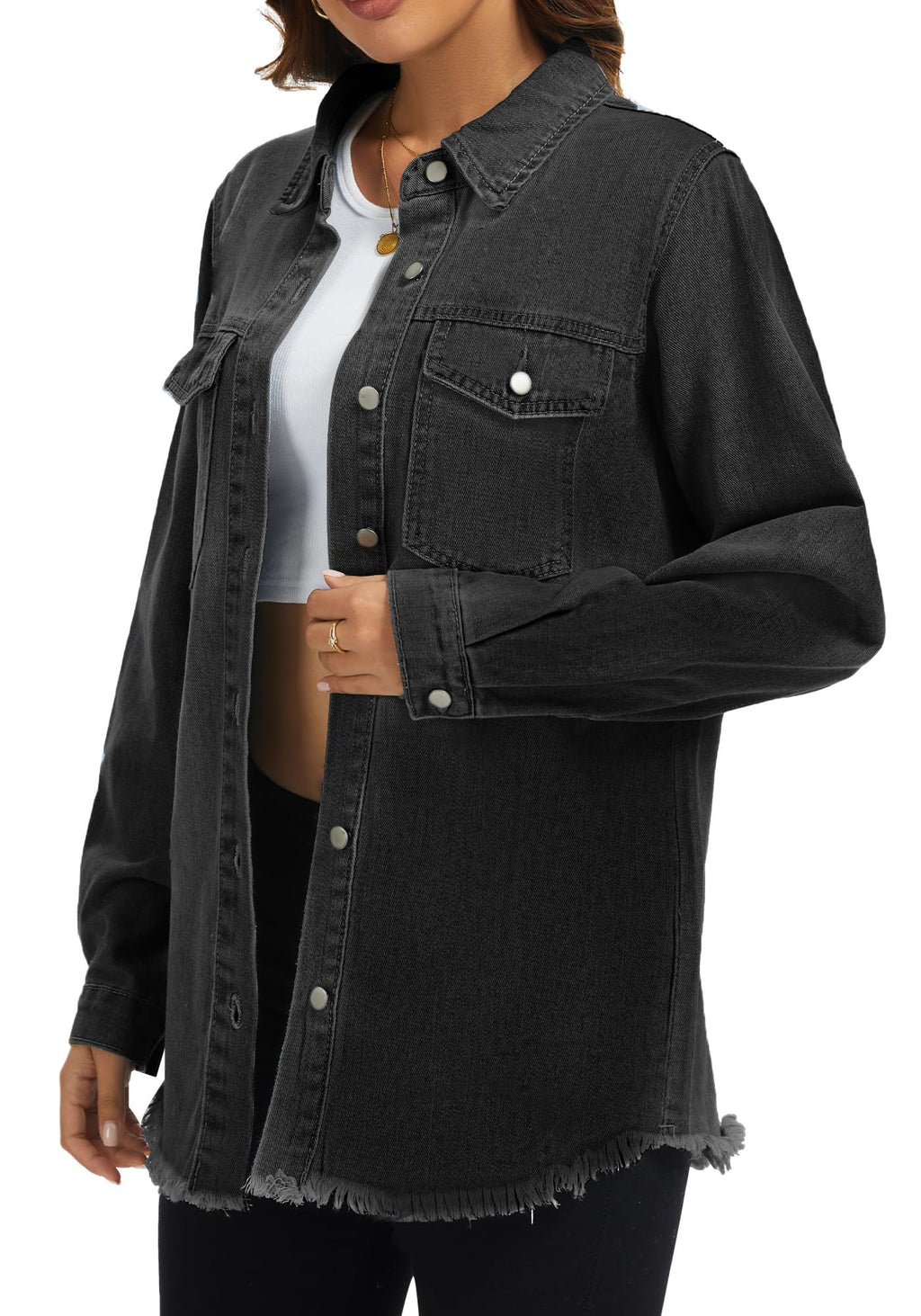 Bosmeer Black Jacket For Women Oversized Long Sleeve Denim Shirts Distressed Boyfriend Frayed Hem Jean Coat With Pockets Jeans Trucker