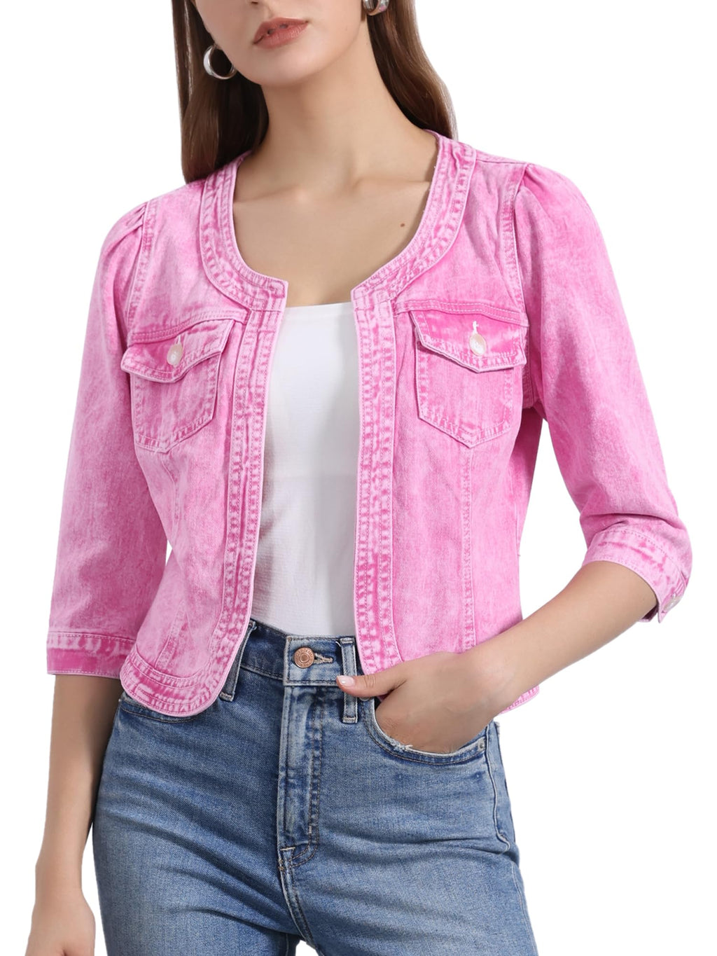 Allegra K Women's Denim Cardigan 3/4 Sleeve Collarless Jean Jackets - Washed Pink