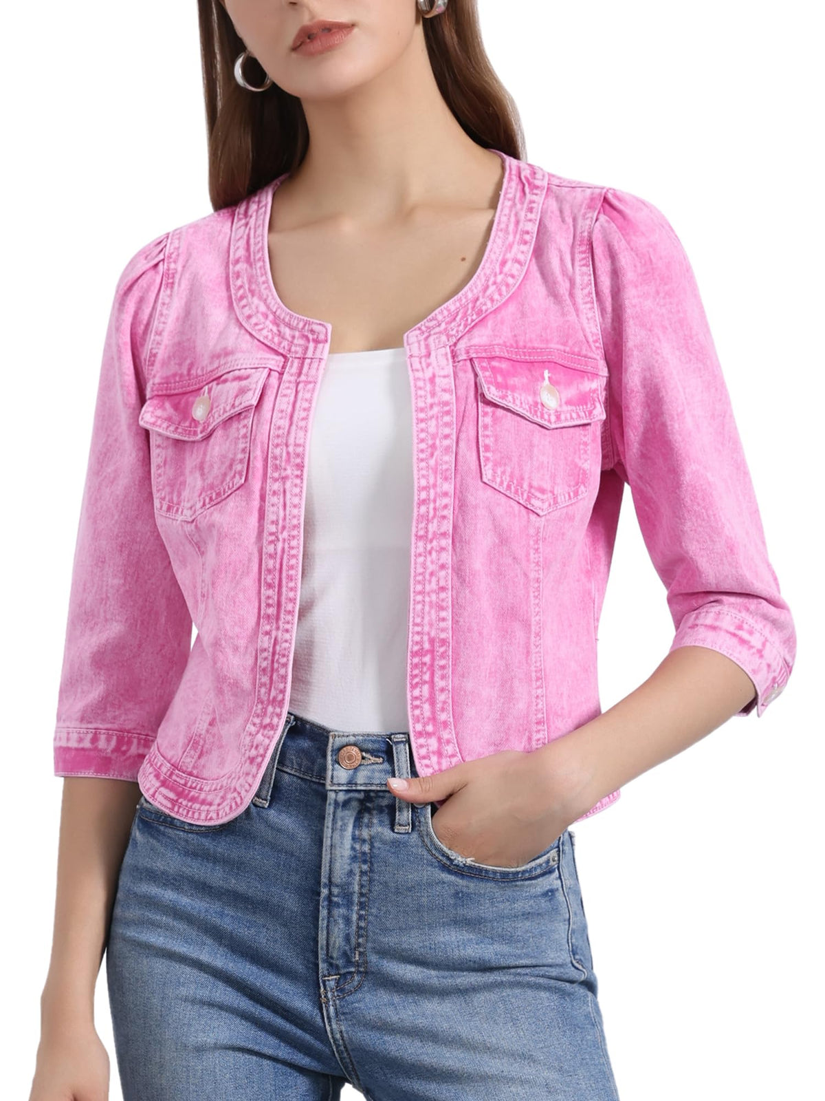 Allegra K Women's Denim Cardigan 3/4 Sleeve Collarless Jean Jackets - Washed Pink