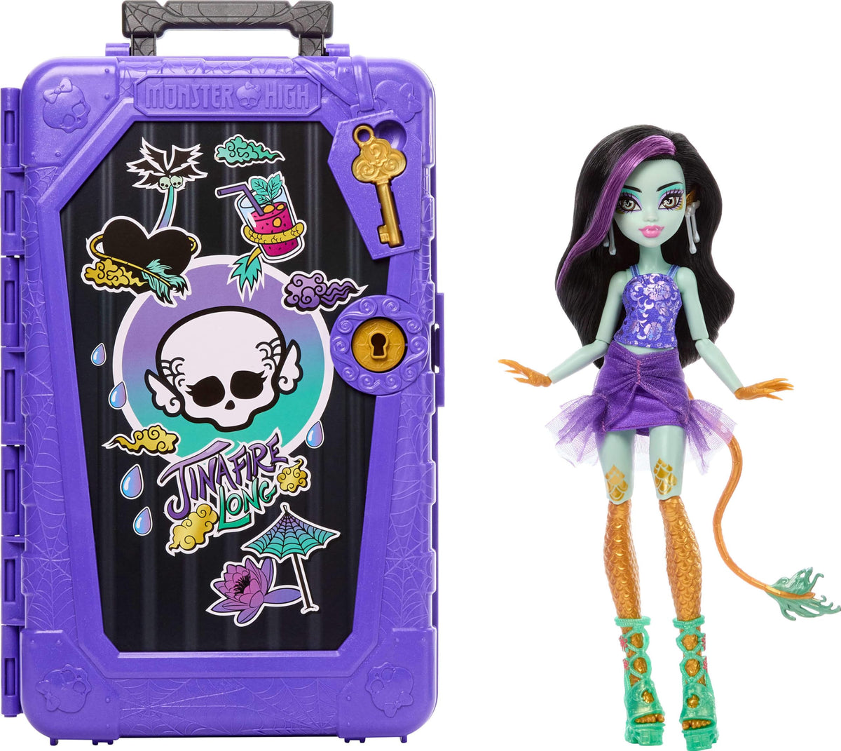 Monster High Skulltimate Secrets Jinafire Long Doll and Accessories Set, Destination: Gore-geous Oasis with Suitcase and 19+ Surprises Like Clothes