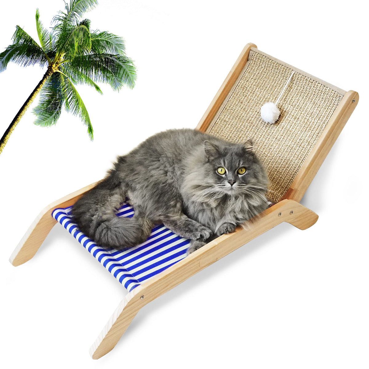 PETKARAY Beach Chair Cat Hammock, Elevated Cat Beds for Indoor Cats, Original Cozy Lounger with Sisal Scratcher and Toy Ball