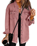 Vetinee Women Jackets Oversized Boyfriend Spring Jacket Faded Rose Front Button Up Frayed Raw Hem Long Sleeve Pockets Jean For Trendy Small