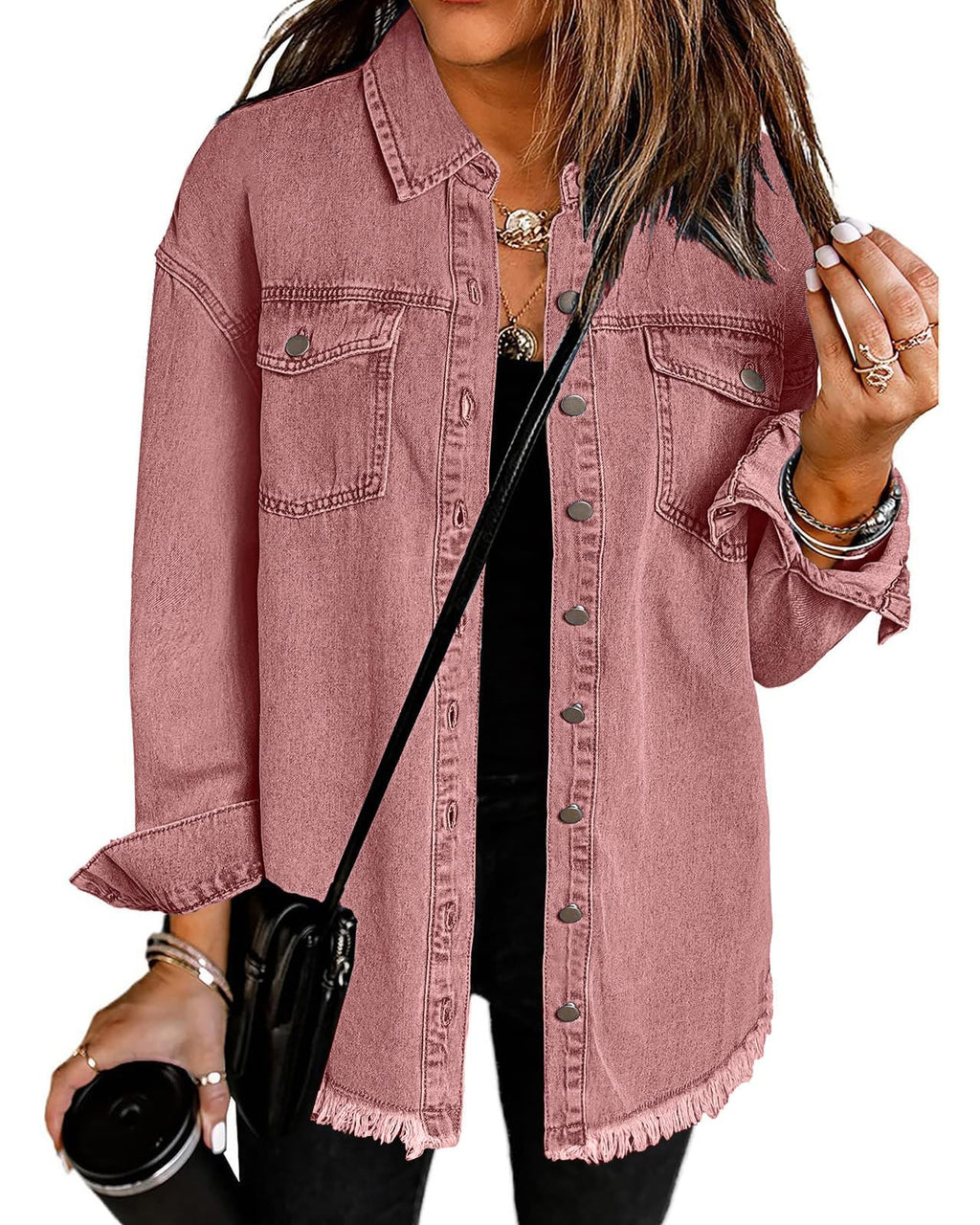 Vetinee Oversized Jean Jacket For Women Faded Rose Front Button Up Frayed Raw Hem Long Sleeve Pockets Denim Shacket Large Size 12 14