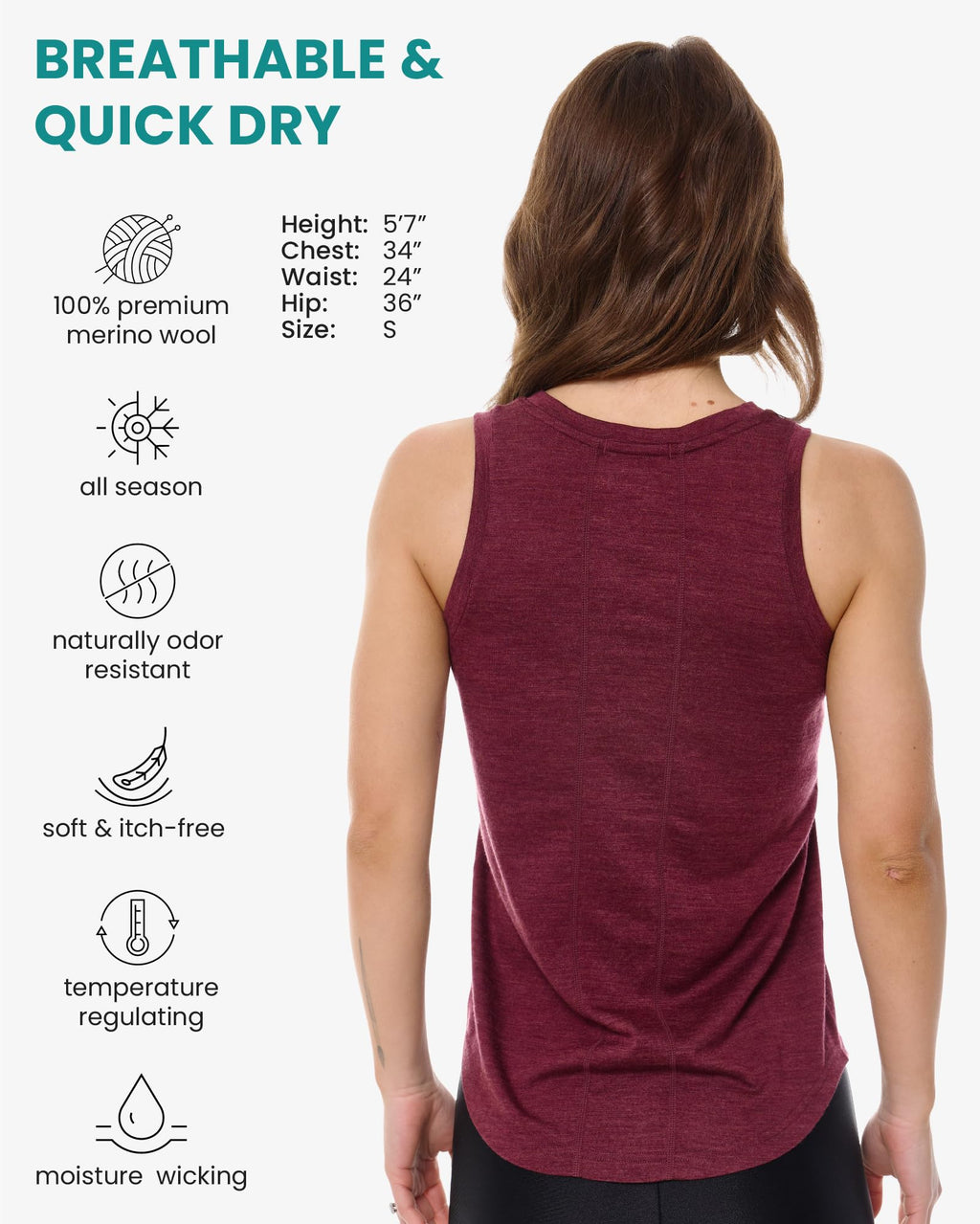 100% Merino Wool Tank Top Women - Active Sleeveless Undershirt Base Layer (Small, H: Burgundy)